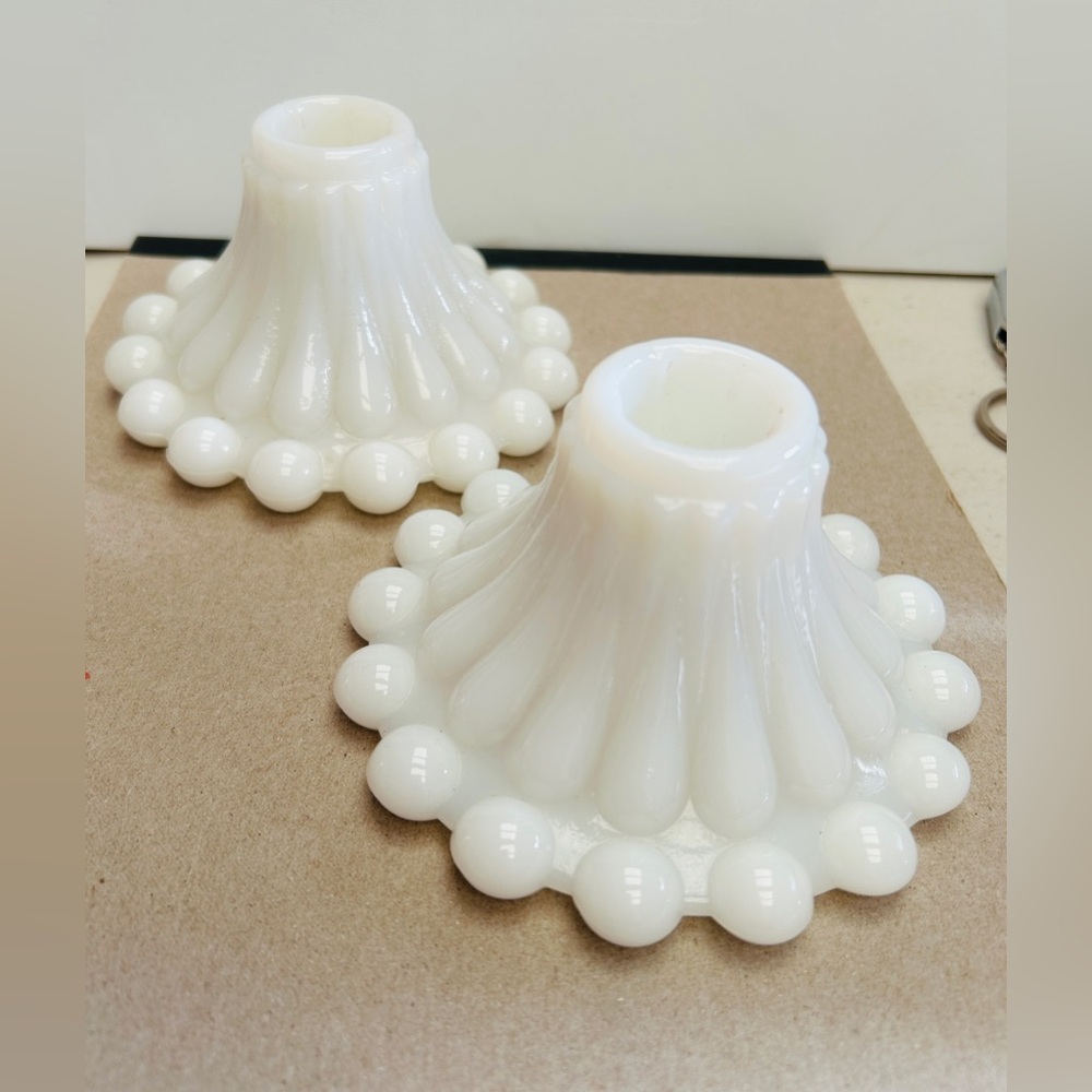 Vintage milk glass candle holders, bubble base, fluted sides. Mint condition.
